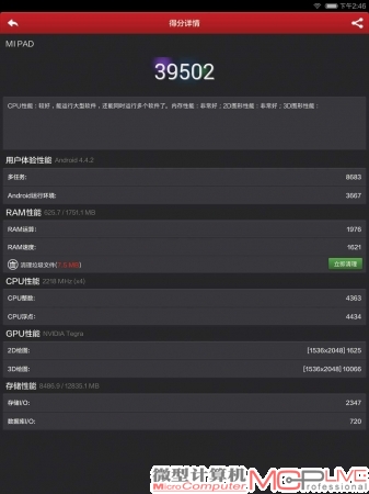 安兔兔跑分中，小米平板获得了39502分的高分